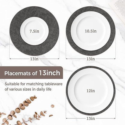 13"Round Placemats Set of 4, Reversible Faux Leather Heat Resistant Table Mats, 100% Waterproof Oilproof Wipeable Table Protective Placemats for Vinyl, Washable for Indoor & Outdoor Use (4, Deep Gray)