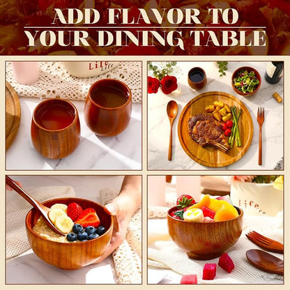 20 Pcs Acacia Wood Dinnerware Set 11.6 Inch Round Wooden Plates Bowls Tea Cups - Image 5