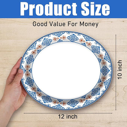 50Pcs Blue Floral Oval Plates 10"x 12", Large Disposable Paper Plates, Heavy Duty Flower Plate Tableware for Family Gathering, Dinner Time, Birthday, Wedding, Holiday Party Serving Supplies