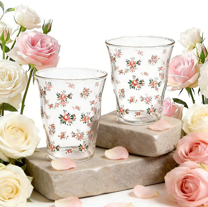 2-Pack Floral Glass Tea Cups, Vintage Flower Drinking Glasses Set, Cute by WeinningBeinny