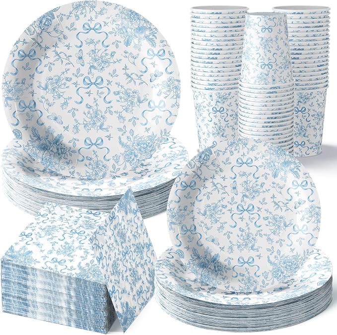 LemonRoad 150 Pcs Blue Bow Floral Disposable Plates and Napkins Bow Coquette by Unknown