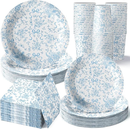 LemonRoad 150 Pcs Blue Bow Floral Disposable Plates and Napkins Bow Coquette by Unknown