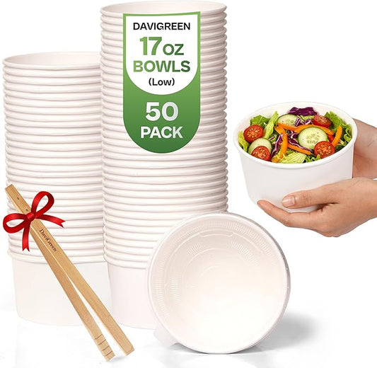 50-Pack 17 oz Paper Bowls With Lids – Disposable Salad & Rice Bowls To-Go, Leak-Proof, Microwavable & Freezer-Safe, Thick Dual-Wall Paper, SGS Tested to U.S. FDA 21 CFR PASS