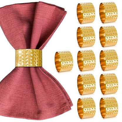 Valentine Hammered Gold Napkin Rings Set of 12 - Classic & Reusable Metal Napkin Ring Holders 1.8"x1.1" for Banquets, Weddings, Family and Holiday Gatherings, Gift Giving & Valentine Table Decoration