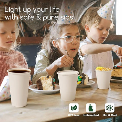 Paper Cups 8 oz White Disposable Coffee Cups,100 Pack BPA Free Leak Proof Hot Cups, 300GSM Thickened Disposable Cups, Unbleached Small Drink Cups for Everyday Use Office Party Cafe Supply Essentials