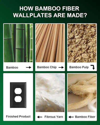 6-Pack Duplex Outlet Cover Plate, Decorative Matte Black Switch Plates and Outlet Covers, Natural Bamboo Fiber Wall Plates for Electrical Outlets, 1 Gang Receptacle Cover, Corrosion Resistant