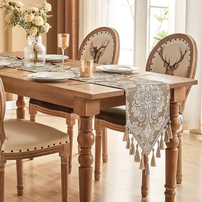 Loom and Mill Damask Floral Table Runner 90 Inches Long, Light Coffee | Luxury - Image 3