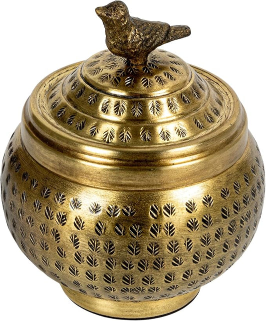 Round Hammered Metal Container with Bird Finial, Brass Finish