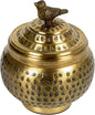 Round Hammered Metal Container with Bird Finial, Brass Finish