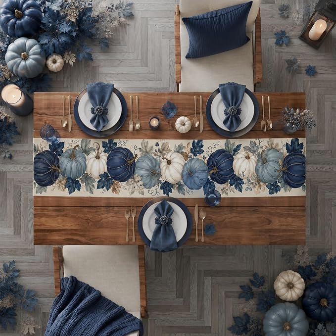 Fall Decor - Blue and White Pumpkin Table Runner | Thanksgiving Decorations | - Image 6