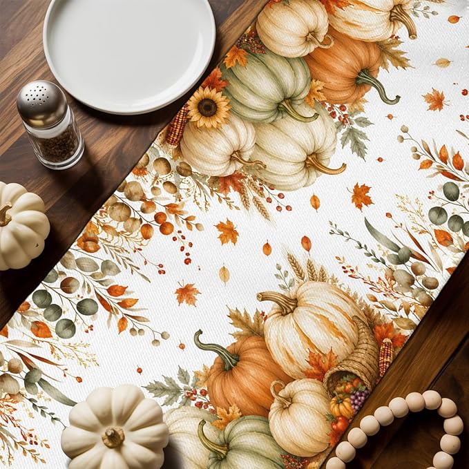 Fall Pumpkins Table Runners 72 Inches Long, Thanksgiving Maple Leaf Cotton - Image 3