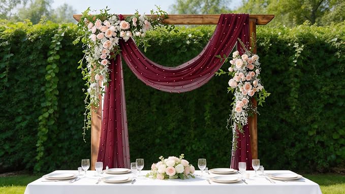 Pearl Table Runner Gauze Sheer 19FT Wedding Draping Fabric Decor | Burgundy - Image 2