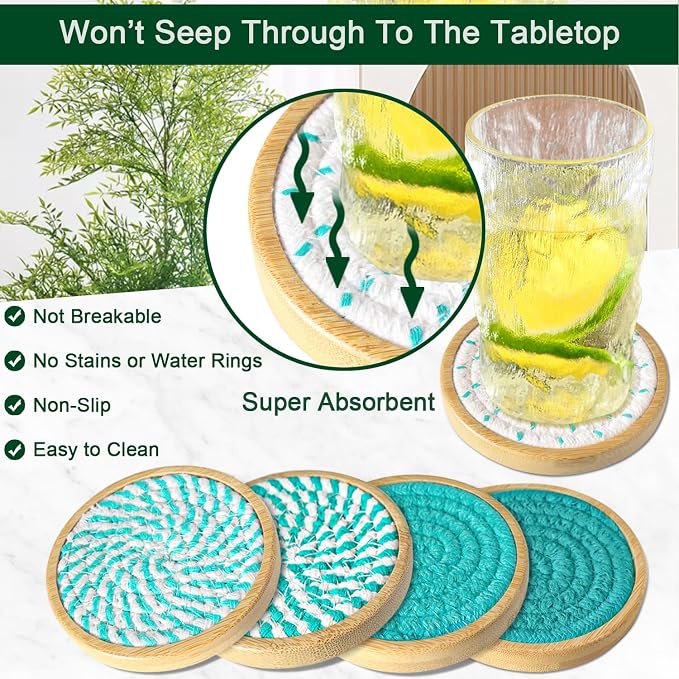 Eykao Bamboo Coasters for Drinks, Absorbent Coaster Sets of 5, Woven Drink - Image 2