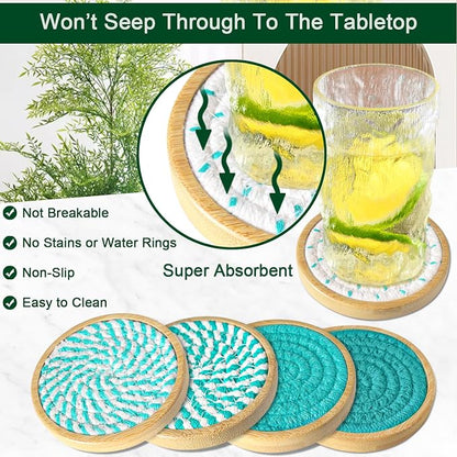 Eykao Bamboo Coasters for Drinks, Absorbent Coaster Sets of 5, Woven Drink - Image 2