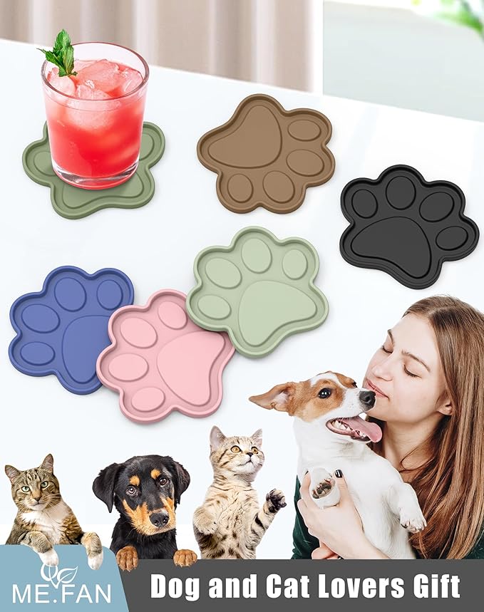 ME.FAN Silicone Coasters 6 Pack Paw Cup Mat with Holder, Dog Cat Paw Shape, for Hot or Cold Drink, Non-Slip, Non-Stick, Room Decor, Housewarming Desert Sage