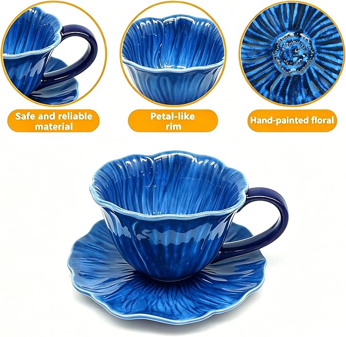 KOOV Latte Cup and Saucer Set of 4, Vintage Hand-Painted 10 oz Ceramic - Image 4