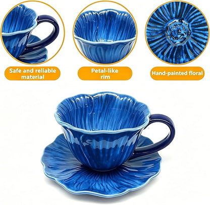 KOOV Latte Cup and Saucer Set of 4, Vintage Hand-Painted 10 oz Ceramic - Image 4