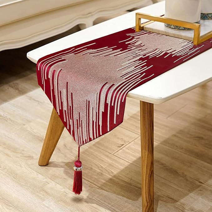 Elegant Modern Red Table Runner, Embroidery Geometric, Ring Tassels | Table by Jiino