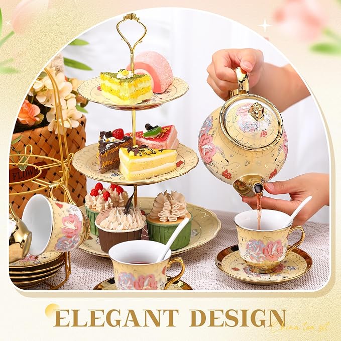 21 Pcs Ceramic Teapot Set Vintage Porcelain Tea Cups - Image 4