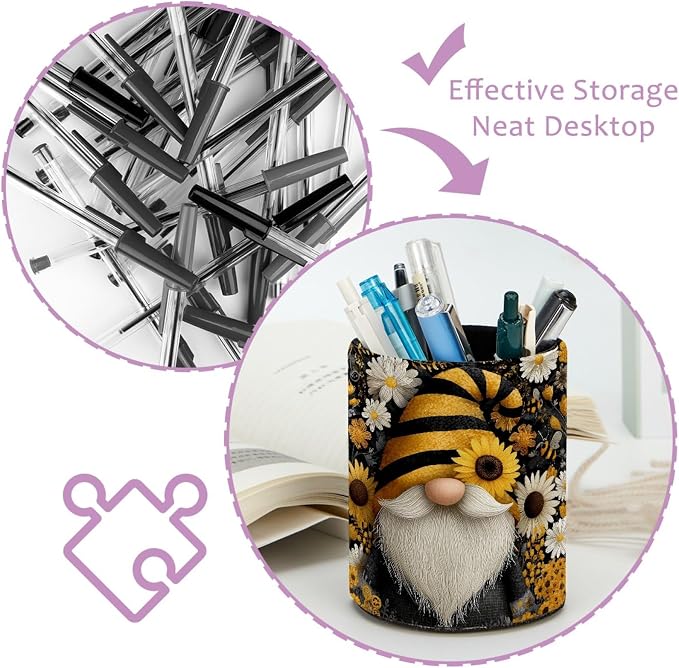 Leather Pen Holder for Desk, Gnome Sunflower Pencil Cup Pen Organizer Makeup - Image 4