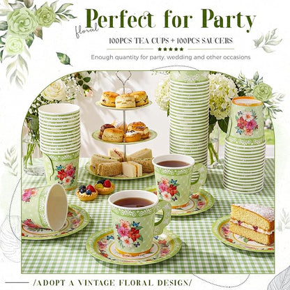 Nuogo 200 Pcs Floral Paper Tea Cups and Saucers 7 oz Disposable Paper Teacups - Image 4