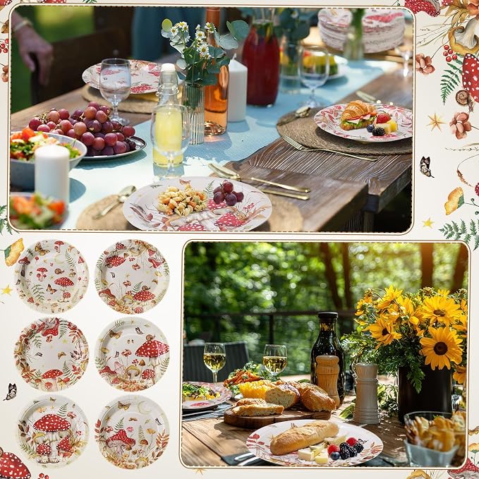 Gerrii 60 Pcs Watercolor Mushroom Party Plates 7 Inch Red Mushroom Birthday - Image 5