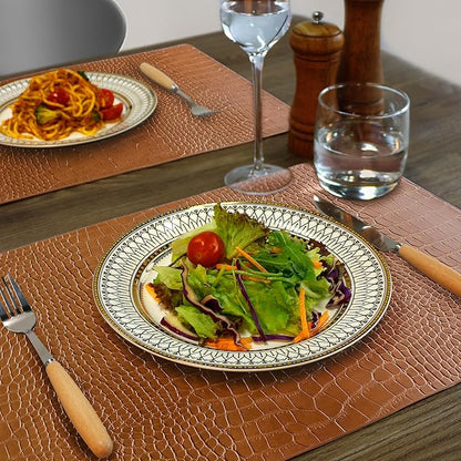 Jovono Faux Leather Placemats Set of 4, Waterproof Heat Resistant Dinner Place Mats for Dining Table, Non-Slip Crocodile Embossed, Brown (17.8x11.8 Inch)