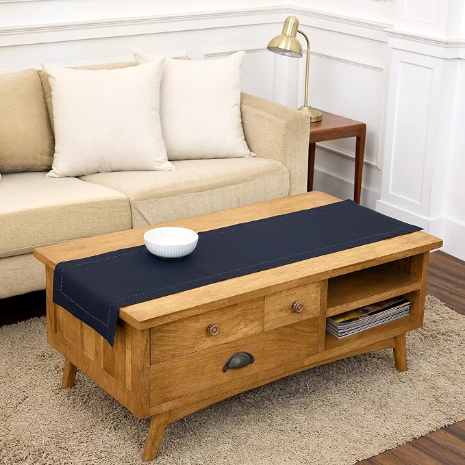 Solino Home Cotton Linen Table Runner Navy, Hemstitch Collection 14 x 48 in | by SolinoHome