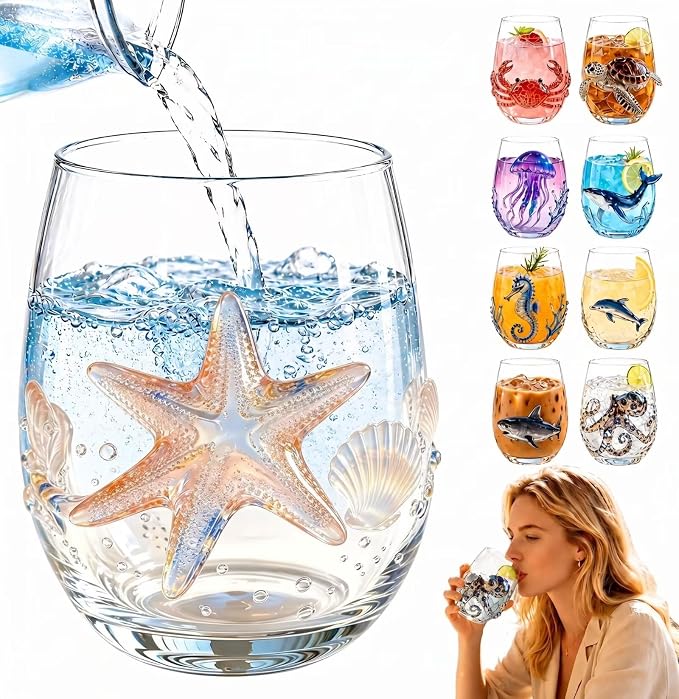 Starfish 3D Stemless Wine Glasses, Artistic Handcrafted Glassware | Novelty by Unknown
