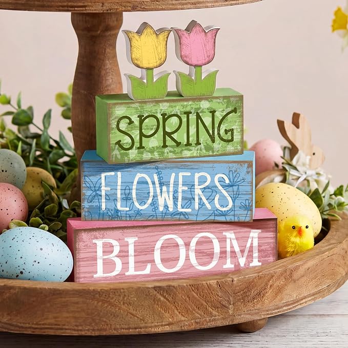 Moucuny 4 Pcs Spring Table Decor Wooden Tulip Spring Tiered Tray Decor Flowers - Image 7