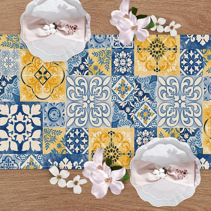 Moroccan Blue Mosaic Tile Dining Table Runner, Vintage Amalfi Coast | Azulejo - Image 4