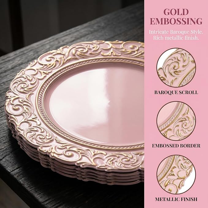 Pink Charger Plates with Gold Embossed Rim, Plate Chargers - Image 3