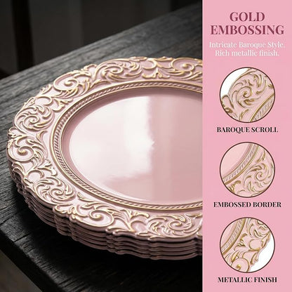 Pink Charger Plates with Gold Embossed Rim, Plate Chargers - Image 3