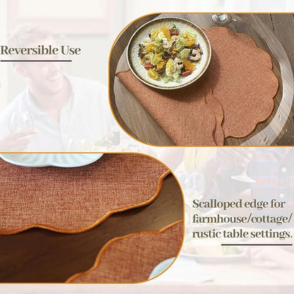 AHHFSMEI Round Faux Linen Placemats Set of 4 Waterproof Table Mats Heat Resistant Non-Slip and Stain Proof for Kitchen Dining Elegant Decor (Burnt Orange,4)
