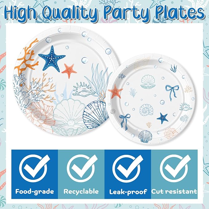 96Pcs Ocean Seashell Starfish Coral Beach Party Plates Supplies | Blue Coastal - Image 3