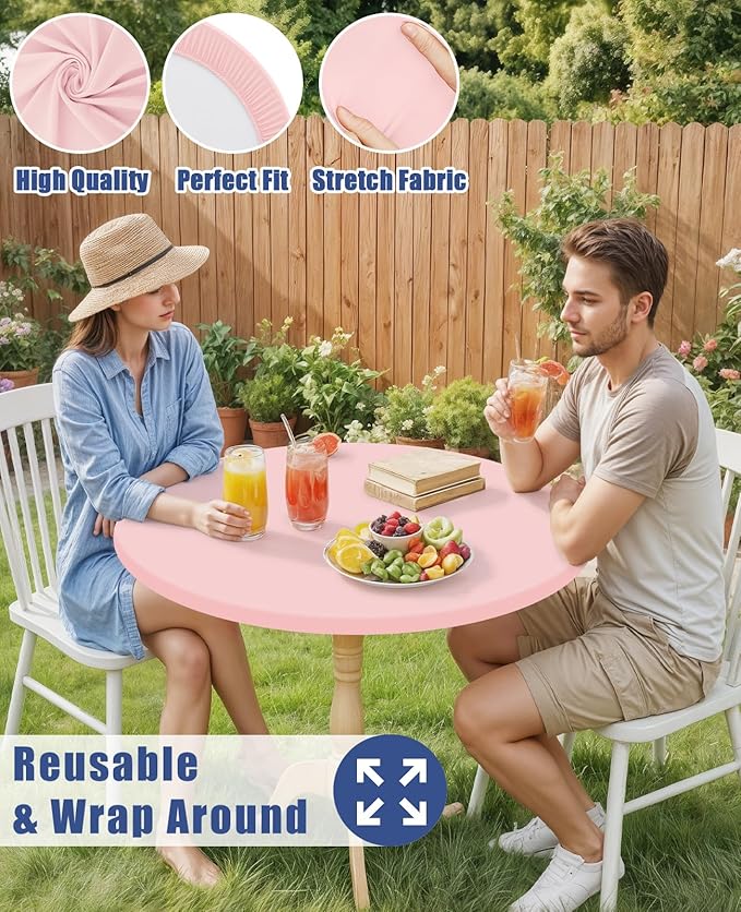 Round Spandex Tablecloth 2 Pack, Elastic Fitted Waterproof Tablecloths for 25"-30" Tables, Stretch Washable Picnic Table Cover for Camping, Dining, Indoor and Outdoor, Pink