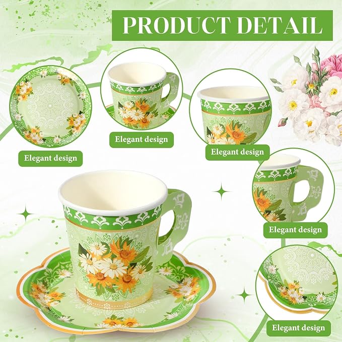 Nuogo 300 Pcs Floral Paper Tea Cups and Saucers 7 OZ Disposable Cups - Image 4