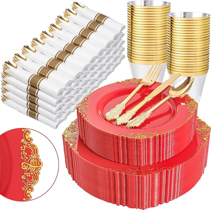 Nervure 350Pcs Red Plastic Plates, Disposable Dinnerware Set by Nervure
