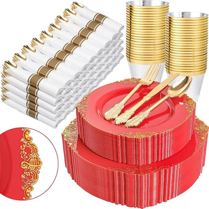 Nervure 350Pcs Red Plastic Plates, Disposable Dinnerware Set by Nervure