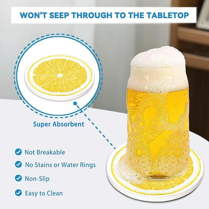 Drinks Coasters Set of 4, Lemonade Round 4" Cup Coasters, Absorbent Ceramic Stone Coasters with Cork Base, Cute Coasters for Table Home Décor, Ideal Gifts for Women Men