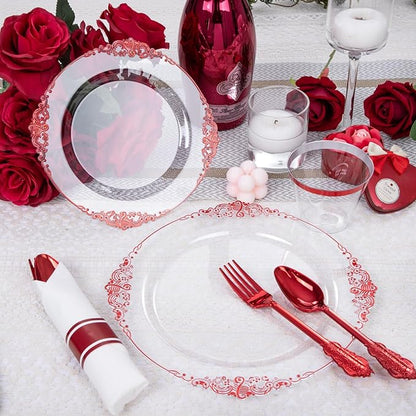 Hioasis 350pcs Clear and Red Plates - Red Party Plates for 50 Guest, Include 100 Heavy-duty Plates(20% Thicker Than Standard), 50 Pre Rolled Gold Plastic Silverware Set, 50 Cups