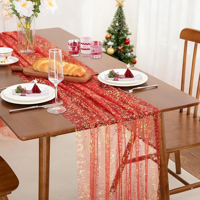 SiinvdaBZX 4 Pcs Red Gold Sheer Tulle Table Runner 120 Inch/10 Ft Long | Gauze - Image 2