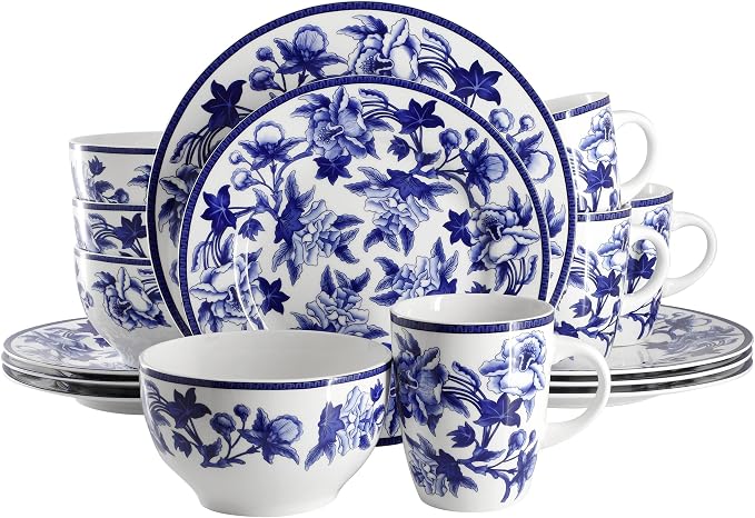 Elama Cattleya Orchid Design 16 Piece Round Porcelain Dinnerware Set in Blue by Elama