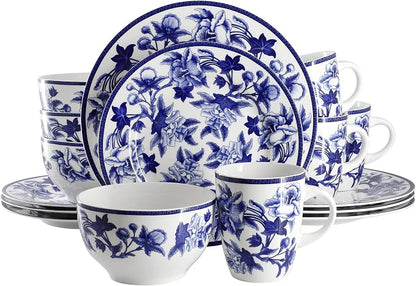 Elama Cattleya Orchid Design 16 Piece Round Porcelain Dinnerware Set in Blue by Elama