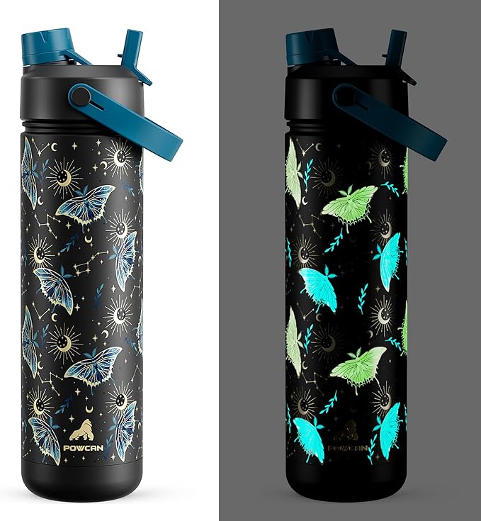 POWCAN 26 oz Insulated Water Bottle: Straw and Spout Lid, Glow-in-the-Dark | by POWCAN