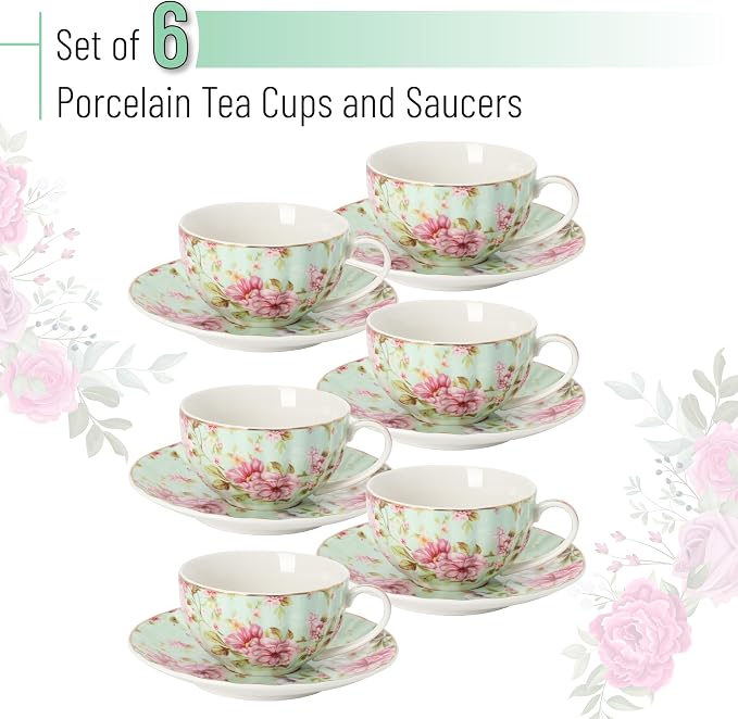 BTaT- Floral Tea Cups and Saucers, 7 oz, Fine Porcelain Teacup Set - Image 2