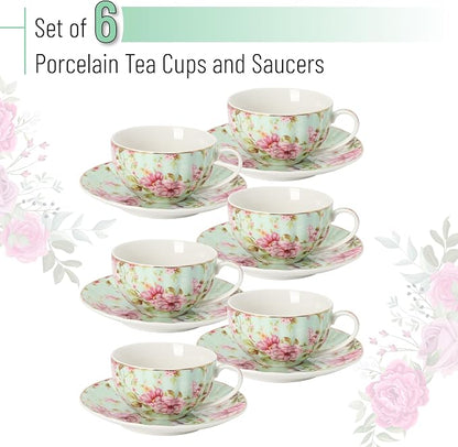 BTaT- Floral Tea Cups and Saucers, 7 oz, Fine Porcelain Teacup Set - Image 2