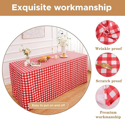 HolidayIdeas Fitted Checkered Picnic Tablecloths for 6 Foot Tables - 72 x 30 Inch - 2 Pack Rectangle Buffalo Plaid Table Cover for Parties, Outdoor Decor, Trade Show (Red and White)