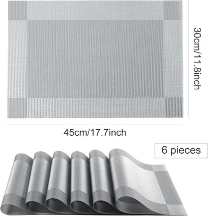 Placemats,Table Place Mats for Kitchen Dining, Heat-Resistant Anti-Skid Stain Washable PVC Table Mats, Easy to Cleaning Woven Vinyl Dinner Mats (Dark Silver, 6 Pack)