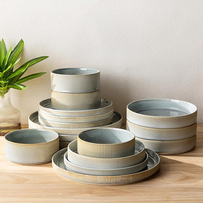 TheTerra Ceramic Dinnerware Sets with Pasta Bowls for 4, 16 Pieces Porcelain Lightweight Plates and Bowls Sets, Scratch Resistant Dish Set, Oven & Microwave & Dishwasher Safe, Desert Sage